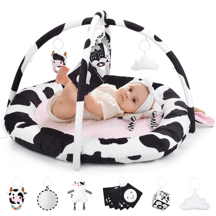 Rosa Kuh Spielbogen Baby, Spieldecke Baby mit 6 Sensorischen Spielzeugen Abnehmbarem, Extra dicke We