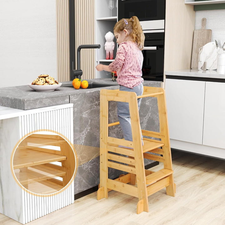COSTWAY Lernturm Kinder aus Bambus, Tritthocker Montessori mit 4 verstellbaren Höhen & Sicherheitsge