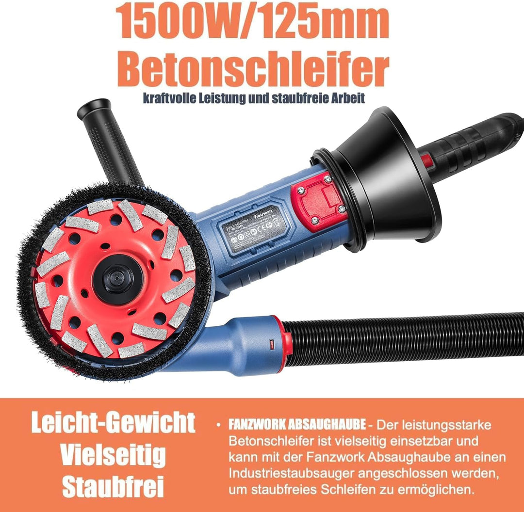 FANZWORK 1500W Betonschleifer Betonfräse Set, Drehzahlregelbar, inkl. Premium 125mm Diamantschleifto