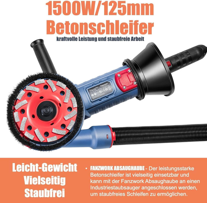 FANZWORK 1500W Betonschleifer Betonfräse Set, Drehzahlregelbar, inkl. Premium 125mm Diamantschleifto