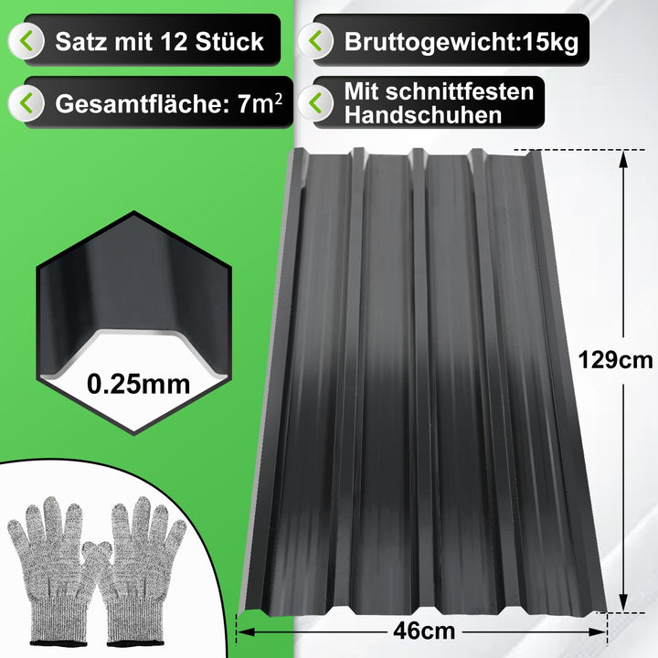 Ansobea 12 Stück Trapezblech 129x46cm, 7m² Dachblech Profilblech, Verzinkt Wellblech 0,25 mm Rostres