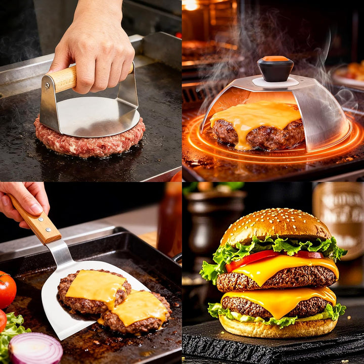 Burgerpresse Set 3-TLG, Edelstahl Burger Smasher, Schmelzkuppel, Grillspachtel, Professionelles Leck