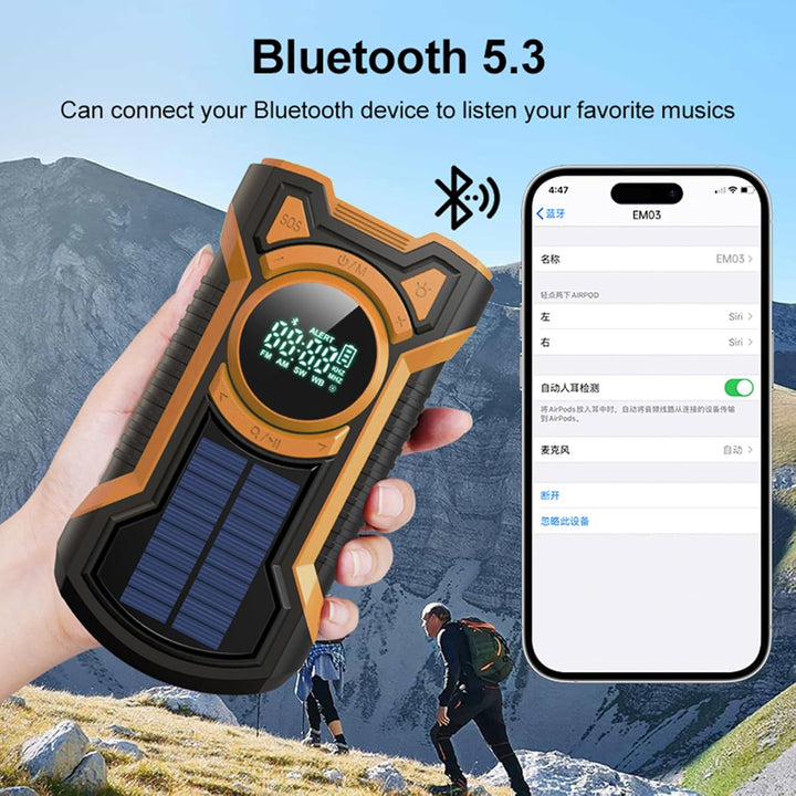 Notfall Radio mit Handkurbel, 5000mAh Batterie Kurbelradio mit Bluetooth-Lautsprecher, Solar Ladeger