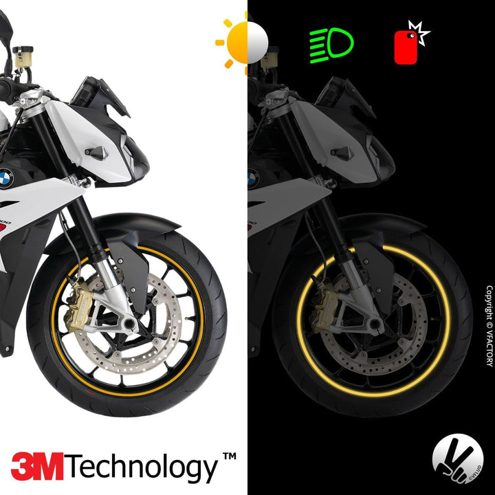 VFLUO - Kit Reflektierende Felgenrandaufkleber Motorrad, Aufkleber für 1 Rad 3M™-Technologie™, 360°-