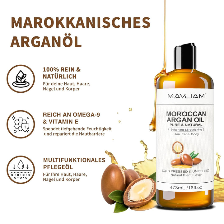 MAYJAM Arganöl Bio 473ML, Körperöl für Für Gesicht, Haut, Haare, Haaröl Arganöl Kaltgepresst Reines
