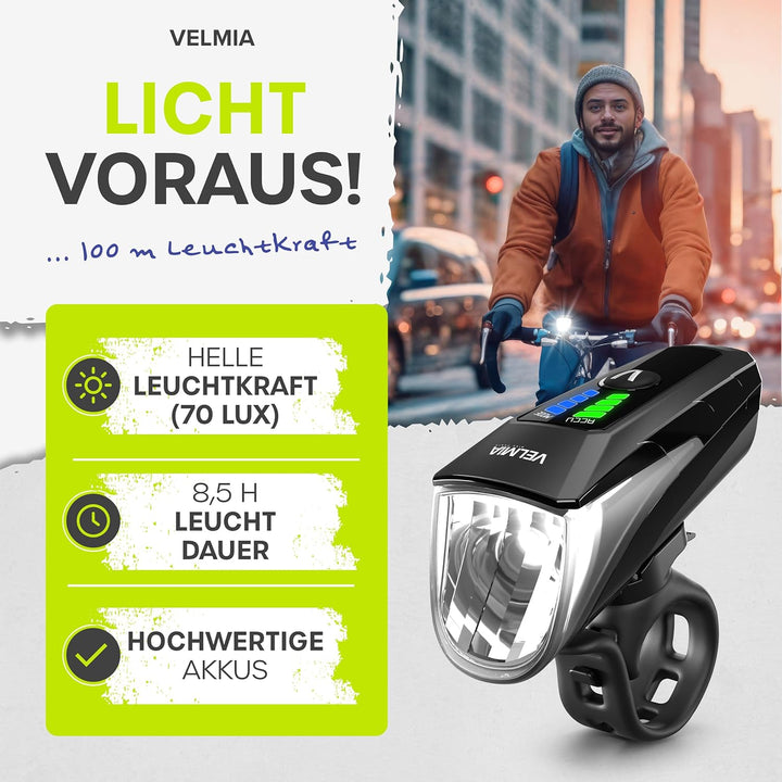 Velmia Fahrradlichter Set StVZO zugelassen mit USB Akku-Betrieb und 8,5h Leuchtdauer I LED Fahrradli