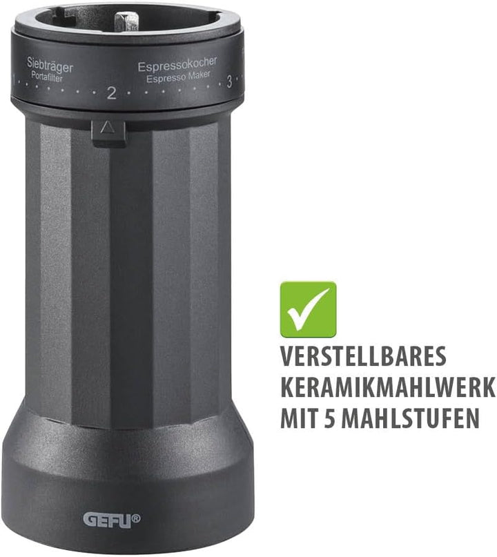 GEFU Kaffeemühle LOCO | Manuelle Kaffeemühle mit Keramikmahlwerk | 5 Mahlstufen für Espresso, Filter