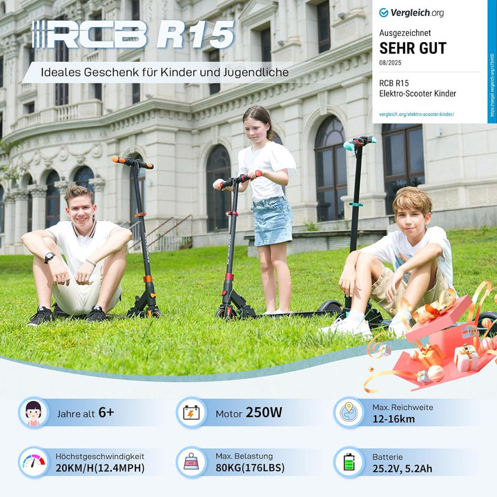 RCB R15 E-Scooter Kinder (8-12-16 Jahre) - bis zu 20 Km/h, Max. Reichweite 16Km, Elektroroller Faltb