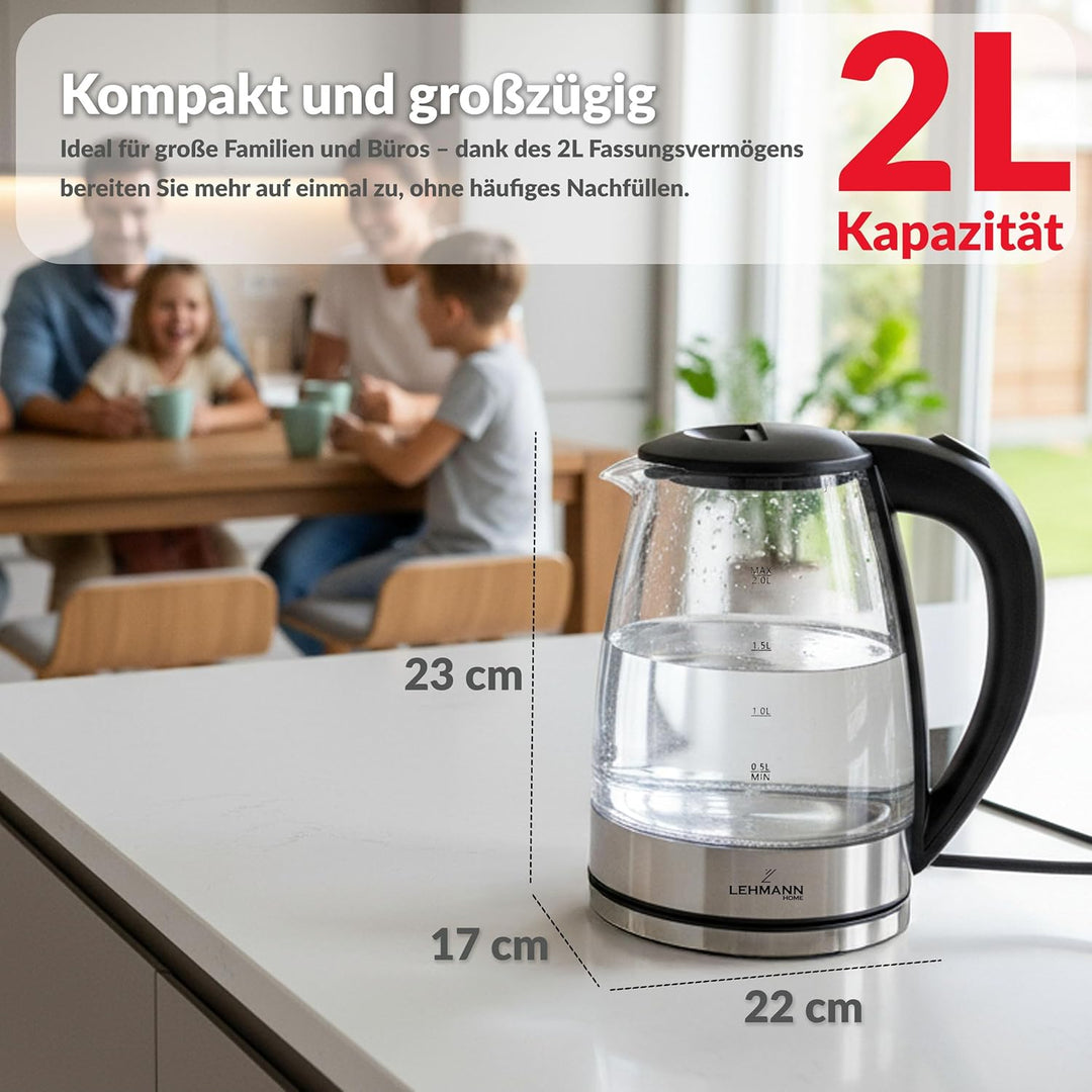 Lehmann LHOEK-2220 Glas Wasserkocher 2 Liter, 2200W, elektrischer Wasserkocher aus Glas mit LED-Hint