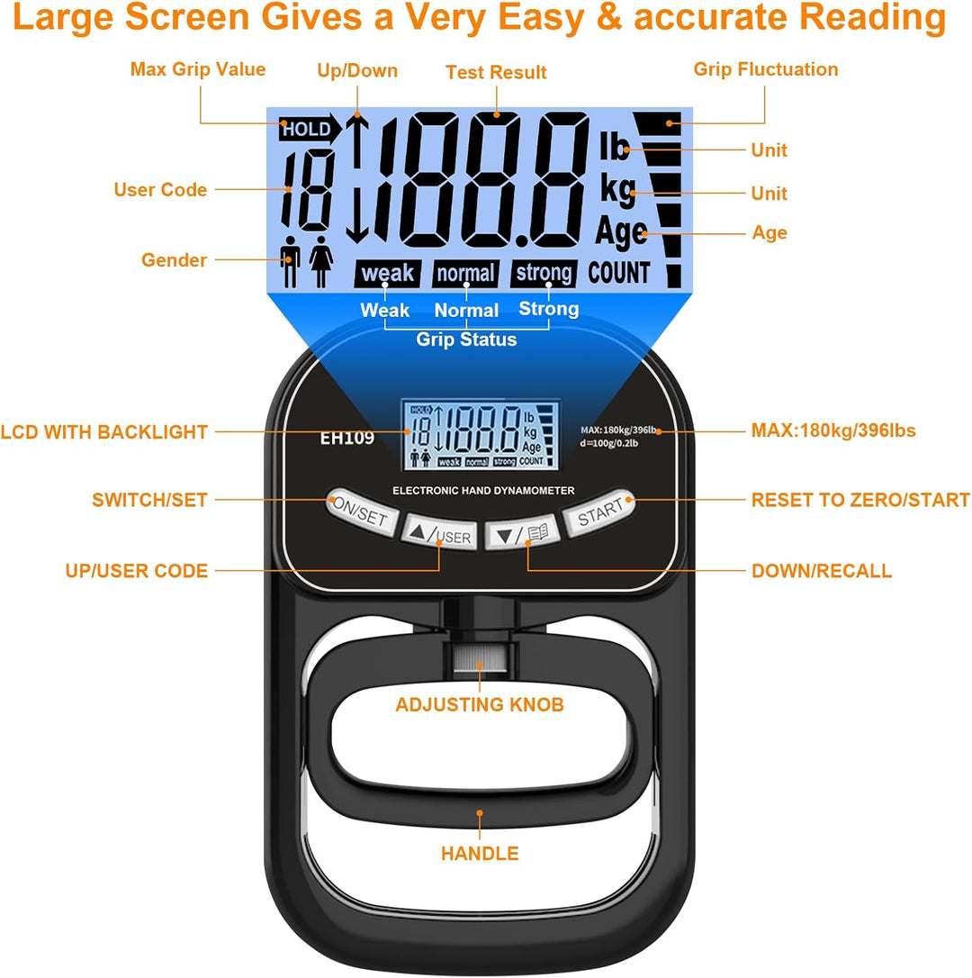 180KG / 396Lbs Hand Dynamometer Grip Digitaler Handdynamometer Griffkraft Tester Elektronischer Grif