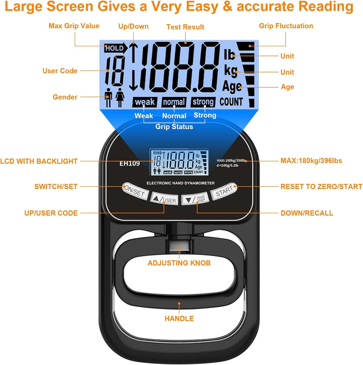 180KG / 396Lbs Hand Dynamometer Grip Digitaler Handdynamometer Griffkraft Tester Elektronischer Grif