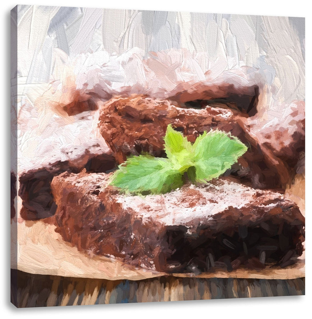 Pixxprint köstlicher Brownie mit Minze, Format: 70x70 als Leinwandbild, 70x70
