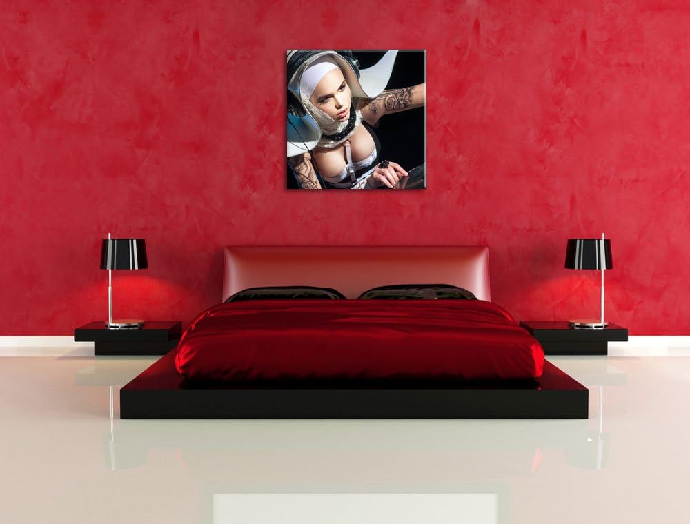 Tätowierte DJ Frau, Format: 70x70 auf Leinwand, XXL riesige Bilder fertig gerahmt mit Keilrahmen, Ku