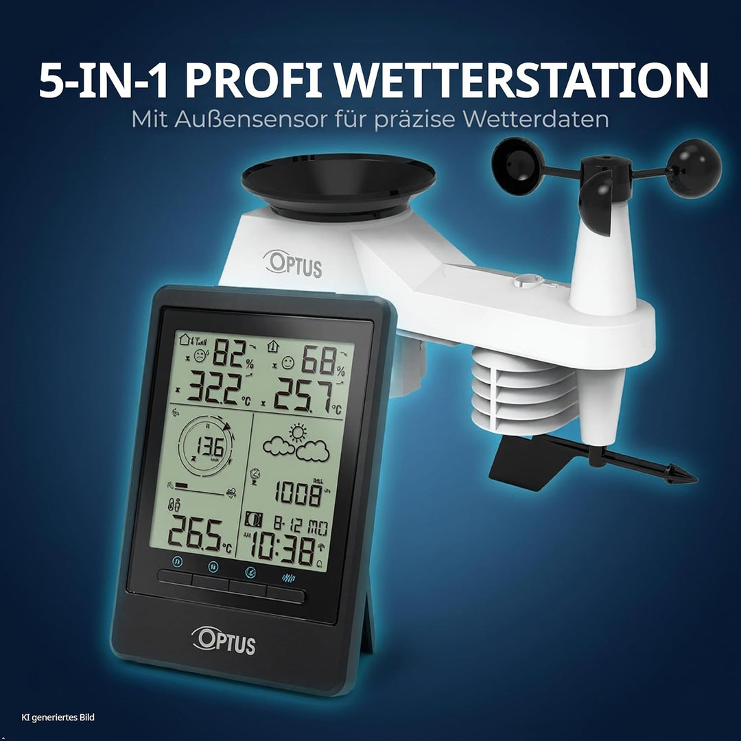Optus 5-in-1 Funk-Wetterstation mit Aussensensor – Messung von Temperatur, Luftfeuchtigkeit, Wind, R