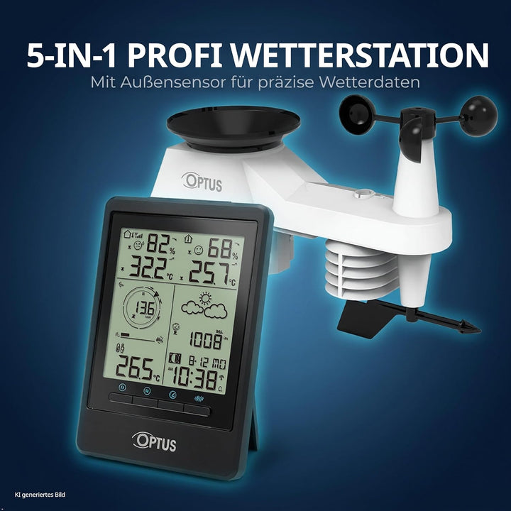 Optus 5-in-1 Funk-Wetterstation mit Aussensensor – Messung von Temperatur, Luftfeuchtigkeit, Wind, R