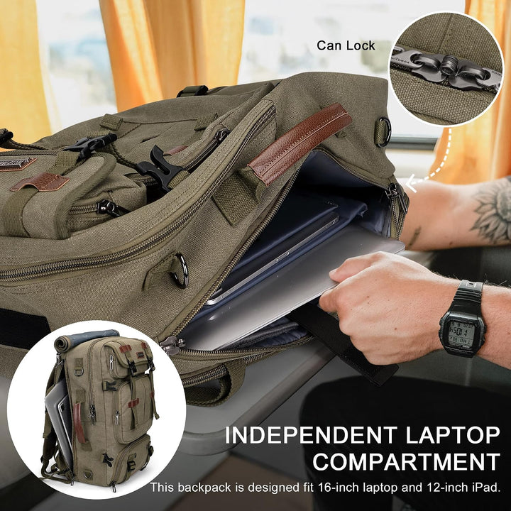 WITZMAN Reiserucksack Herren Gross 40L Canvas Vintage 3 in 1 Rucksack Fit 16 Zoll Laptop Rucksack fü