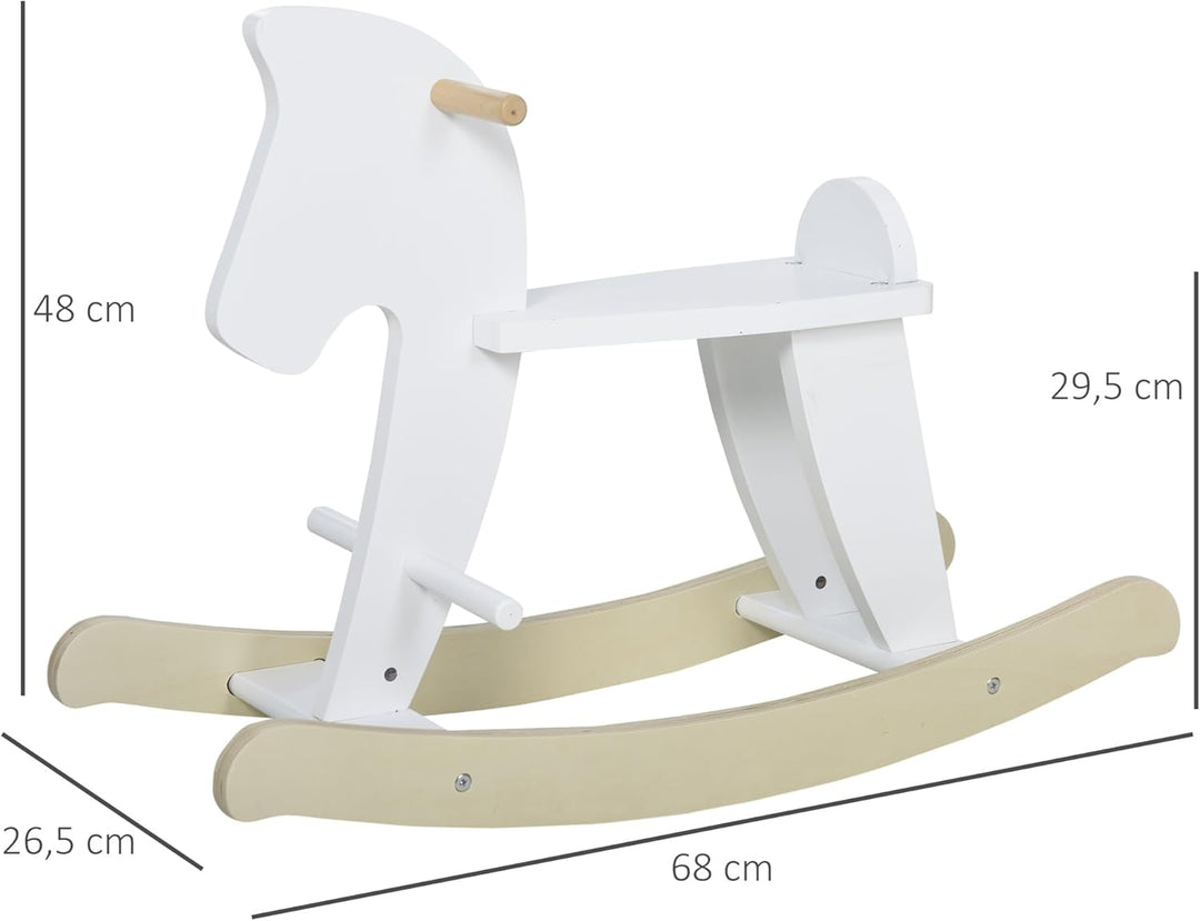 HOMCOM Schaukelpferd aus Holz - Schaukelspiel Holz - Griffe Fussstütze Stopper - MDF Sperrholz Weiss