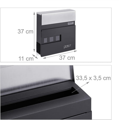 Relaxdays Briefkasten mit Zeitungsfach, Sichtfenster, HBT 37x37x11 cm, 2 Schlüssel, Stahl, moderner