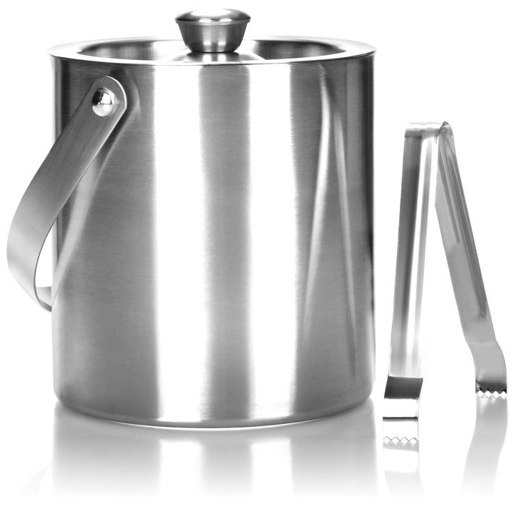 com-four® EIS-Eimer aus Edelstahl - Eiswürfel-Behälter doppelwandig mit Deckel, Henkel und Zange - S