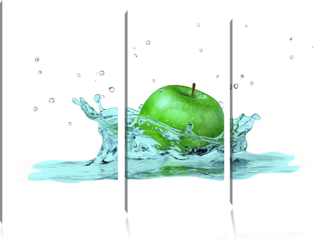 green Apple, Grüner Apfel fällt in Wasser schwarz/weiss 3-Teiler Leinwandbild 120x80 Bild auf Leinwa