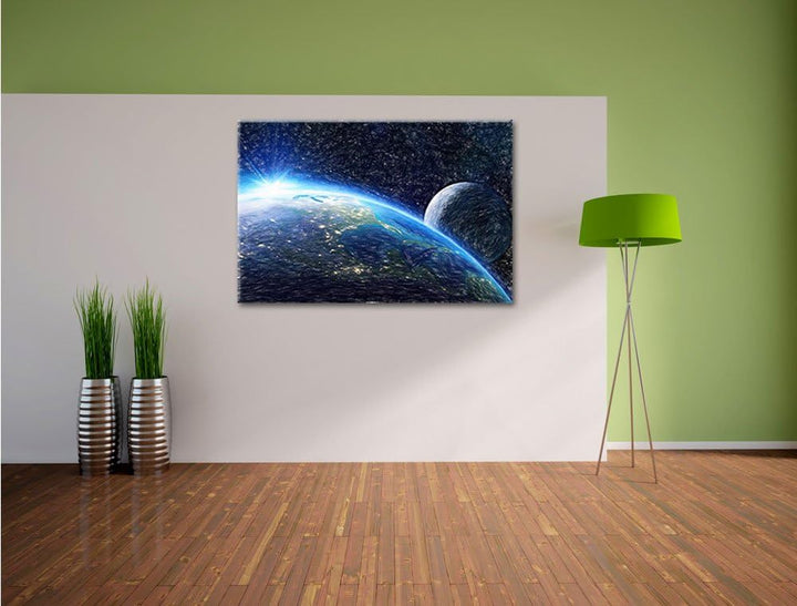 Pixxprint Erde und Ihr Mond aus dem All als Leinwandbild/Grösse: 100x70 cm/Wandbild/Kunstdruck/ferti