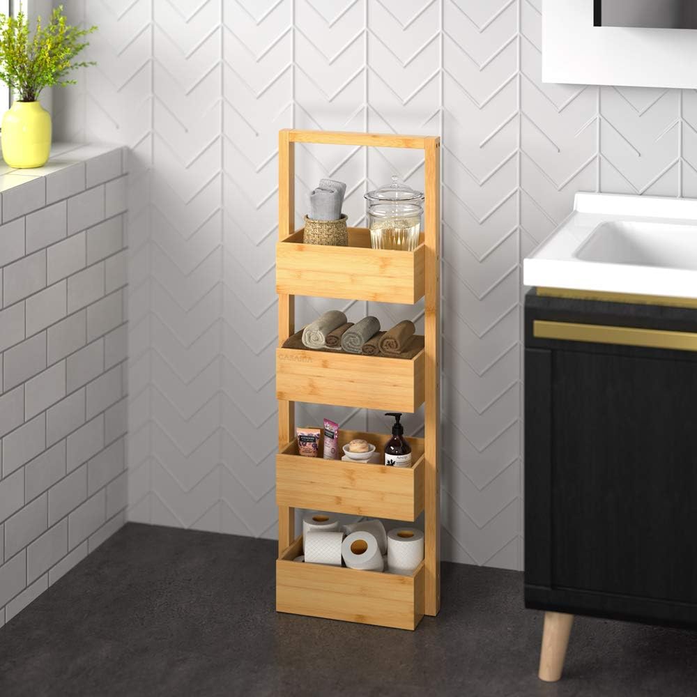 Casaria® Badregal mit 4 Körben Stehend Schmal Bambus Holz 88x16x28cm Ablagen Standregal Küche Badezi