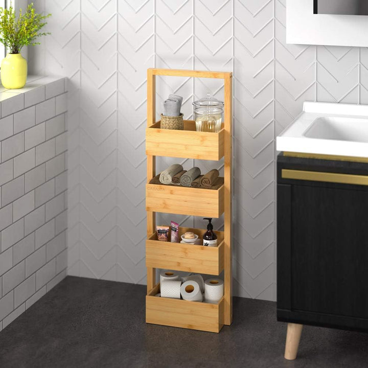 Casaria® Badregal mit 4 Körben Stehend Schmal Bambus Holz 88x16x28cm Ablagen Standregal Küche Badezi
