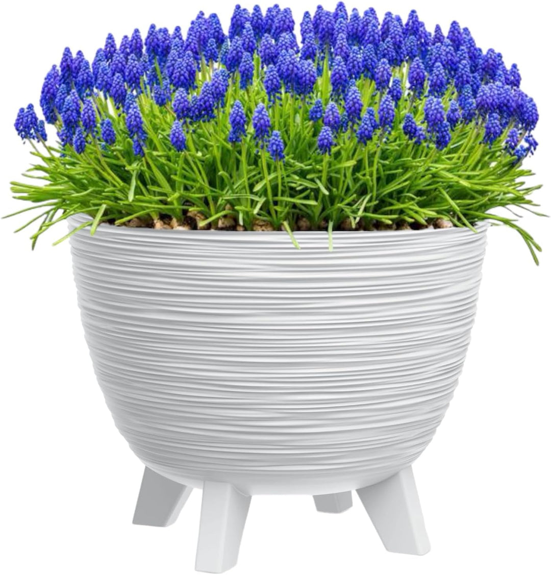 MELTOM Blumentopf mit Füssen aus Kunststoff Schale Rund Kräutertopf 3D Rillen (Weiss, L-40cm) L-40cm