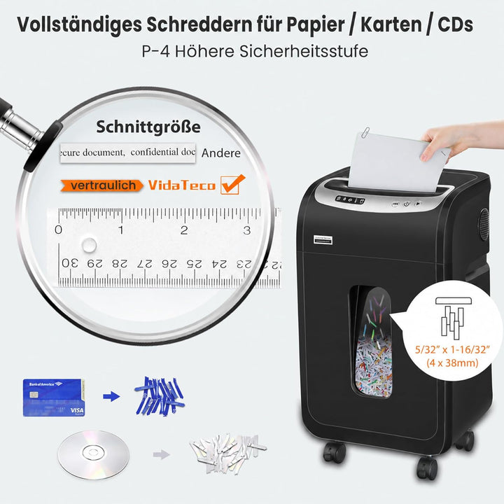 VidaTeco 20 Blatt P4 Reisswolf mit 60 Minuten Laufzeit Aktenvernichter,kreuzschnitt Papierschredder