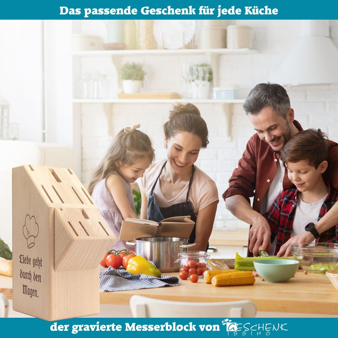 Messerblock aus Holz mit Gravur, Name + Motiv, Buchenholz Block für Küchenmesser, Messerhalter, Orga