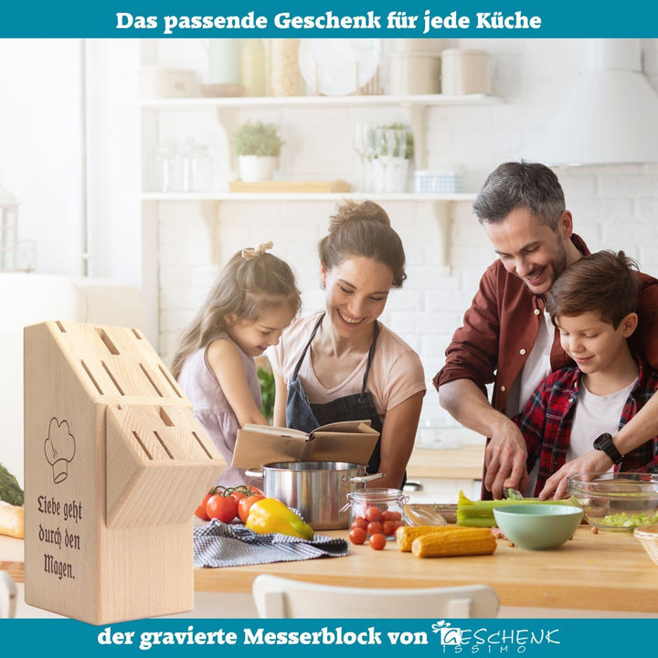 Messerblock aus Holz mit Gravur, Name + Motiv, Buchenholz Block für Küchenmesser, Messerhalter, Orga