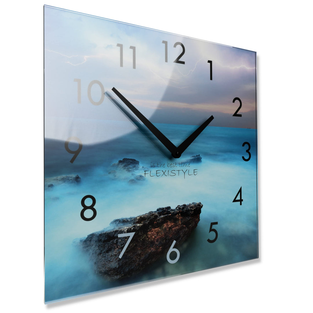 FLEXISTYLE Wanduhr küche Wohnzimmer 30 x 30 cm, aus Glas, mit Direktdruck eckig modern (Ozean), OZEA