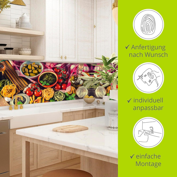 ARTland Spritzschutz Küche aus Alu für Herd Spüle 80x60 cm (BxH) Küchenrückwand mit Motiv Essen Lebe