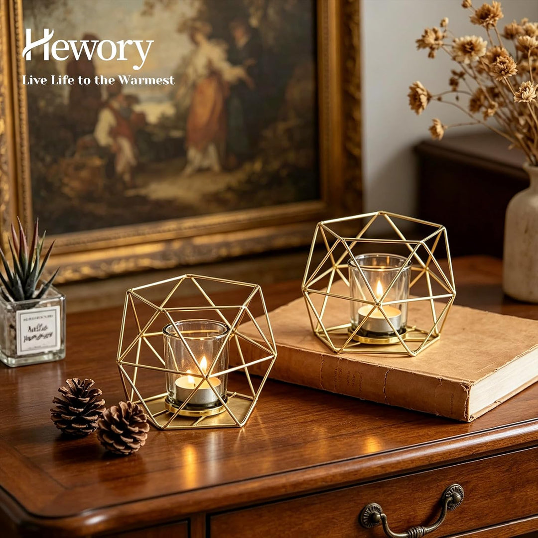 Hewory Teelichthalter Gold Geometrische Metall: 12er Set Teelichthalter Glas Windlicht Goldene Tisch