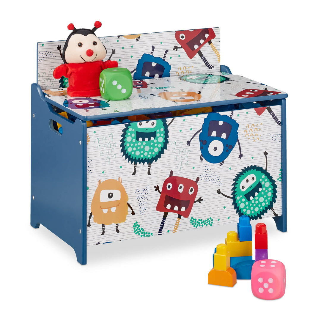 Relaxdays Spielzeugtruhe, Monster-Design, Spielzeugkiste mit Deckel, HBT: 50x60x36,5 cm, MDF, Spielz