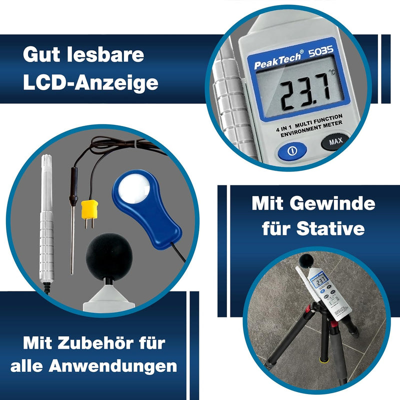 Peak Tech P 5035 – 4 in 1 Multifunktions Umweltmessgerät zur Messung von Schall, Temperatur, Luftfeu