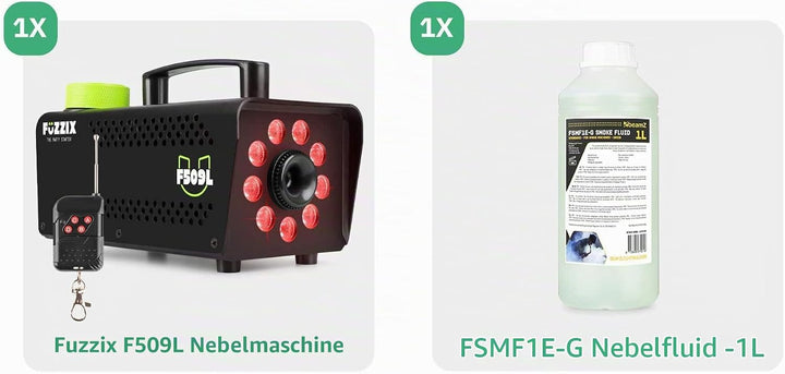 Fuzzix F509L Nebelmaschine Mini mit LED Lichteffekt und 1 Liter Nebelfluid, 500 Watt mit Fernbedienu