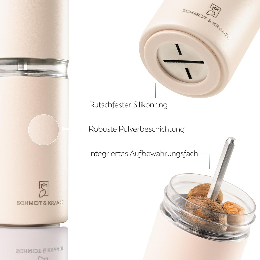 SCHMIDT & KRAMER Muskatnuss Mühle I hochwertige Muskatmühle aus Edelstahl mit Vorratsbehälter, schar