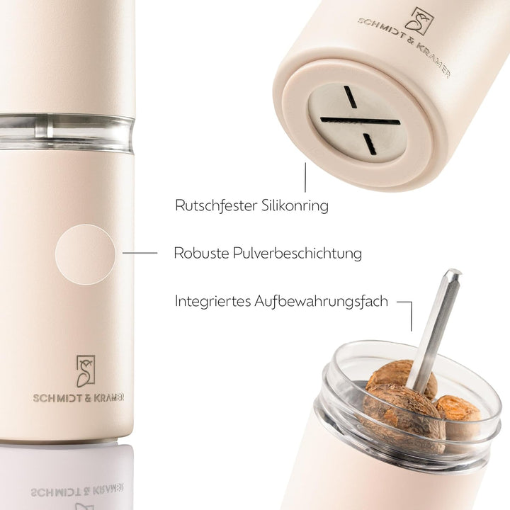 SCHMIDT & KRAMER Muskatnuss Mühle I hochwertige Muskatmühle aus Edelstahl mit Vorratsbehälter, schar