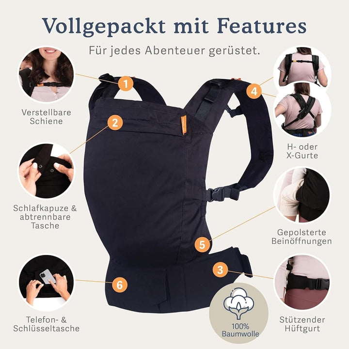 Beco Toddler Babytrage mit extra breitem Sitz - Kindertragerucksack aus 100% Baumwolle, 2 Trageposit