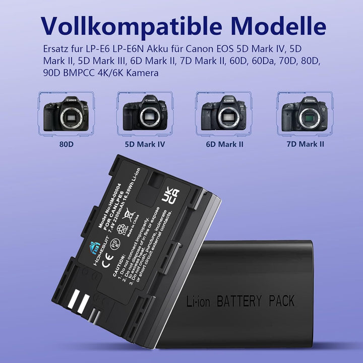 Homesuit LP-E6 LP-E6N Akku und USB Dual Ladegerät für Canon 5D Mark II III IV, 5Ds, 6D, 70D, 80D und