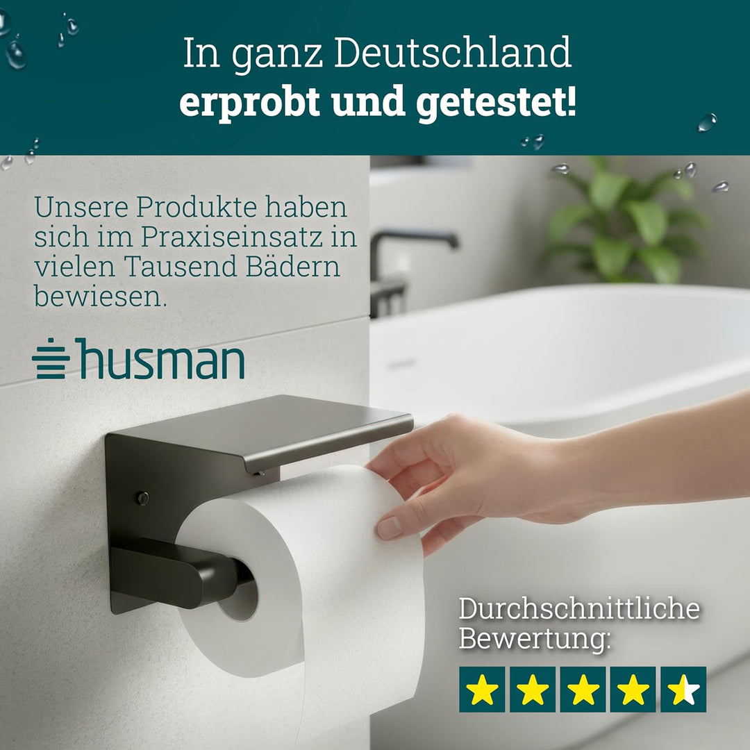 husman® Toilettenpapierhalter ohne Bohren | Klorollenhalter aus hochwertigem Edelstahl Matt-Schwarz