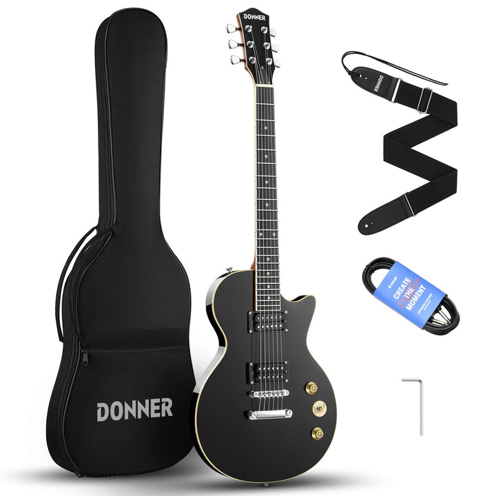 Donner E-Gitarre Set E Gitarren LP-Stil 39 Zoll Voller Grösse mit Tasche, Gurt, Kabel (Schwarz), Sch