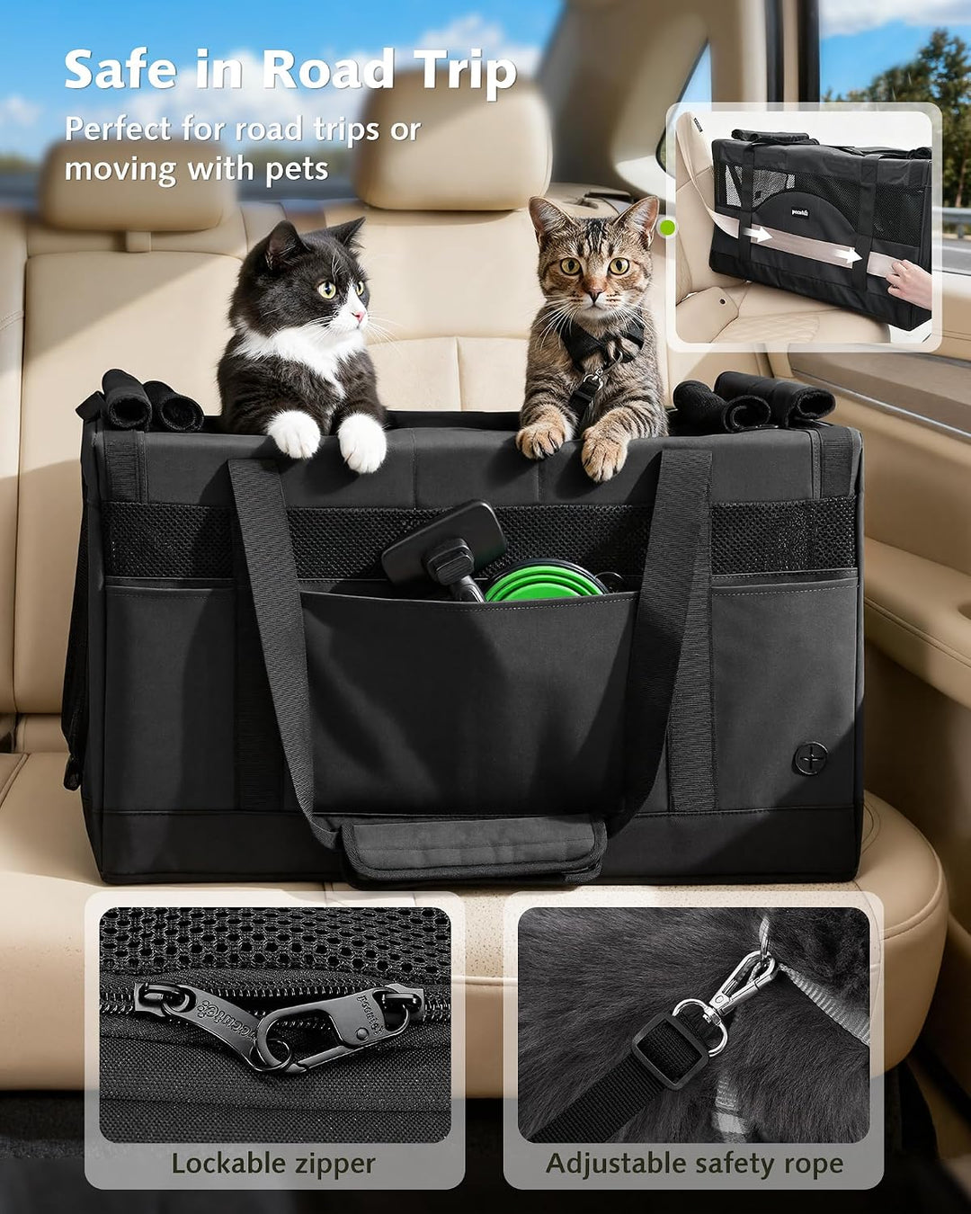 Pecute Katzentransportbox Gross Faltbar Transporttasche 2 Katzen,Dunkelgrau | Abnehmbare Trennwand,