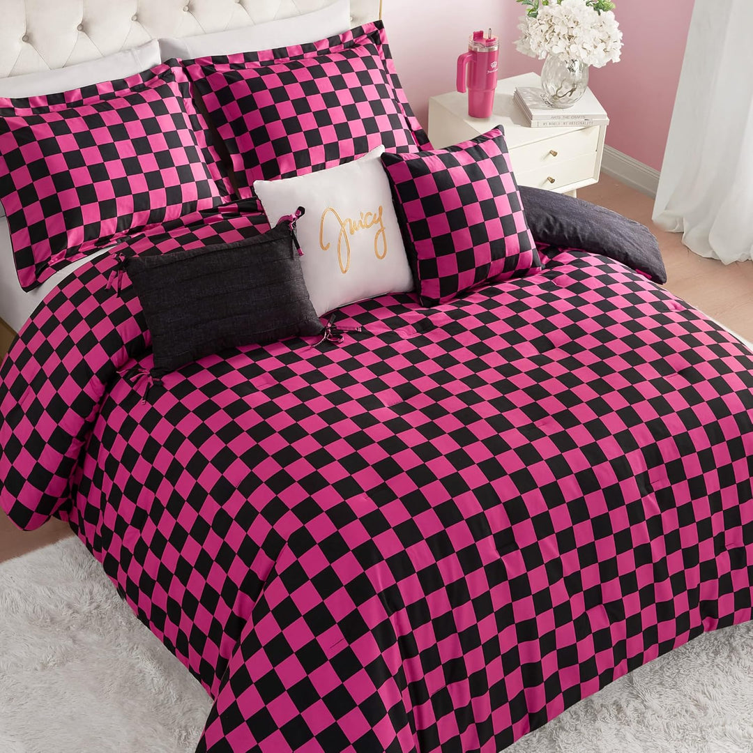 Juicy Couture-Wende-Steppdecken-Set, Schachbrettmuster, 6-teilig, Doppelbett-/Queen-Size-Bett-Set, S