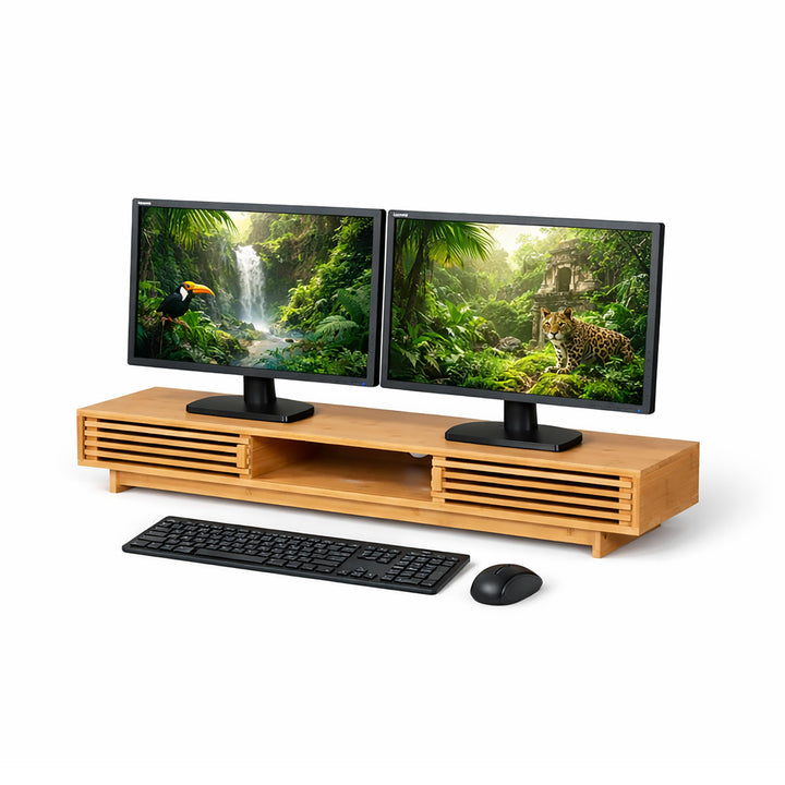 Relaxdays Monitorständer, 2 Bildschirme, mit 3 Fächern, HBT: 14 x 96,5 x 24,5 cm, Bambus, Bildschirm