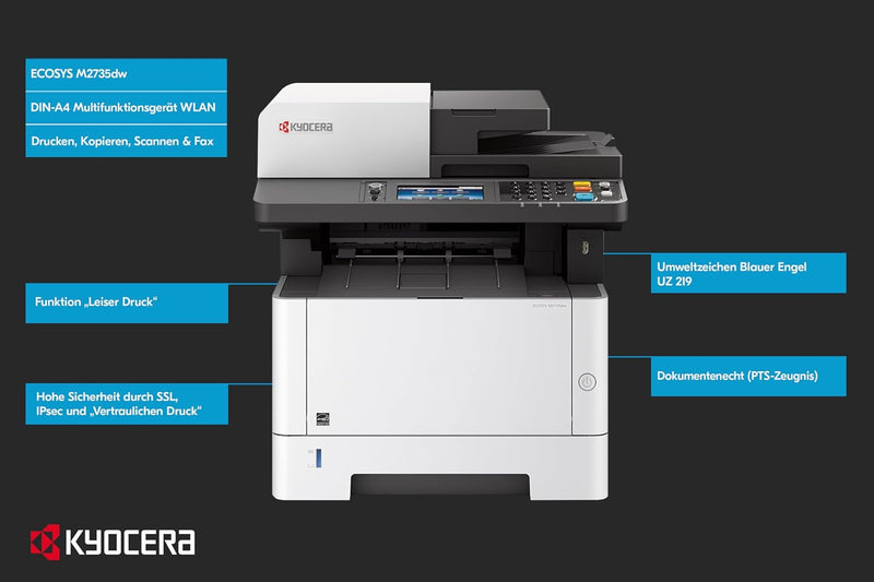 Kyocera Klimaschutz-System Ecosys M2735dw WLAN Multifunktionsdrucker Schwarz-Weiss. Drucken, Kopiere