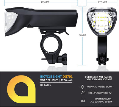 CSL - LED Fahrradlicht Frontlicht Vorderlicht, Fahrradbeleuchtung vorne, 50 LUX, USB aufladbar, StVZ