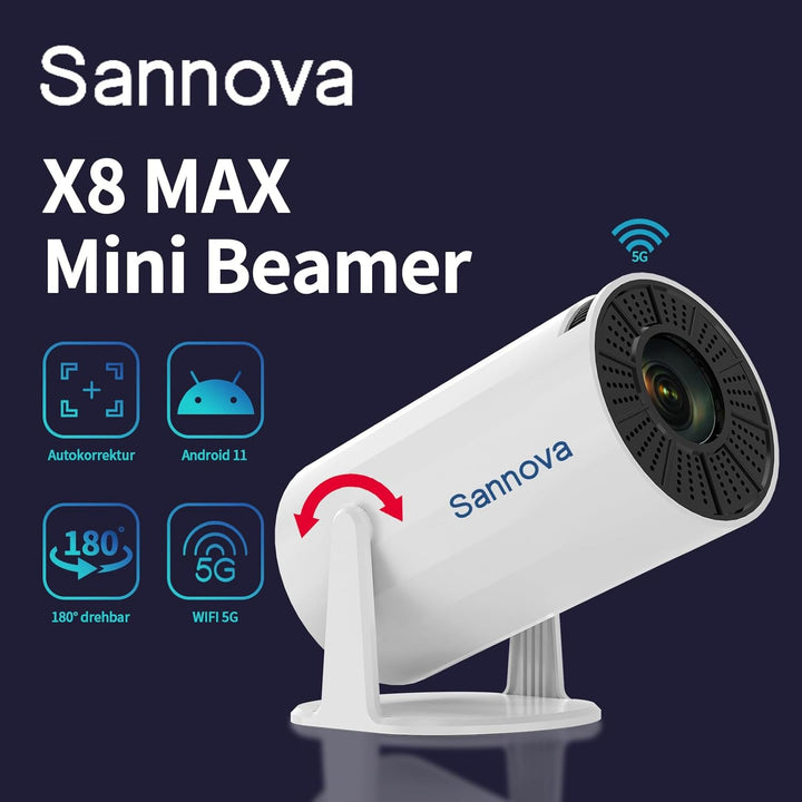 Mini Beamer, Projektor 4k 1080P Unterstützt, 5G WiFi, 200 ANSI, Android 11, Automatischer Trapezkorr