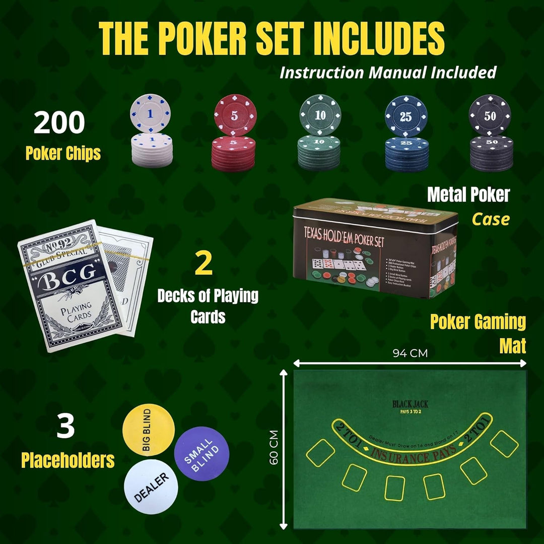MAGIC SELECT Poker Set Spiel. Poker Set Texas Hold 'Em mit 200 Chips, 2 Kartensätzen, Dealer-Button,